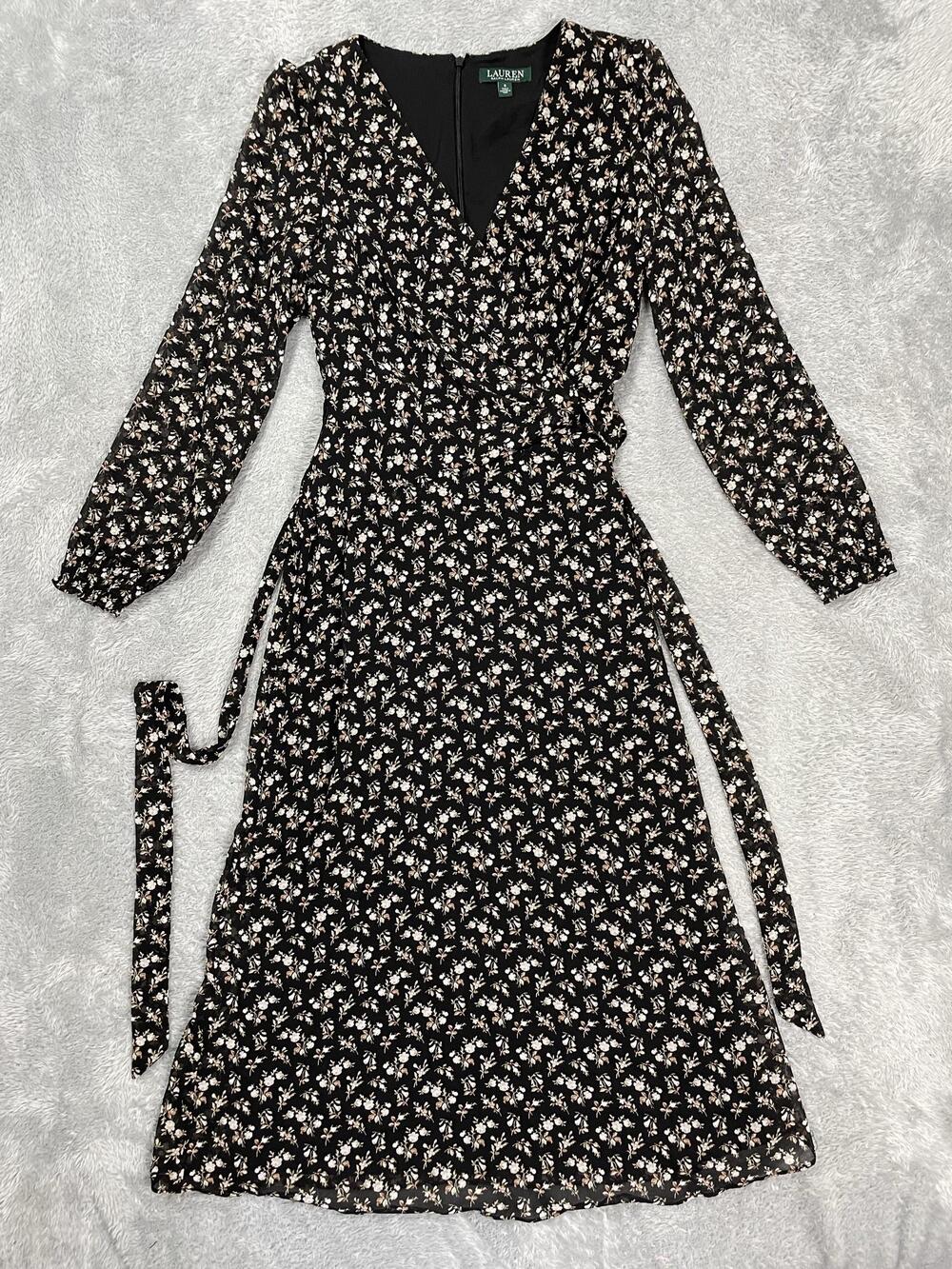 Lauren Ralph Lauren Wrap Dress Womens 8 Black Floral Long Sleeve Ankle Chiffon